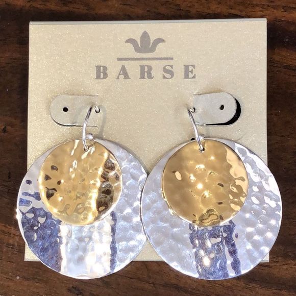 BARSE Two Tone Round Sterling Silver Brass Hammered Finish Earrings NWT - Picture 1 of 12